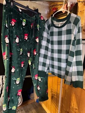 Green Plaid and Penguin Print Women's Pajama Set - Brand